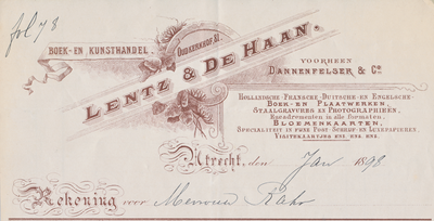 711635 Kop van een nota van Lentz & De Haan, v/h Dannenfelser & Co., Boek- en Kunsthandel, Oudkerkhof 81 te Utrecht, ...